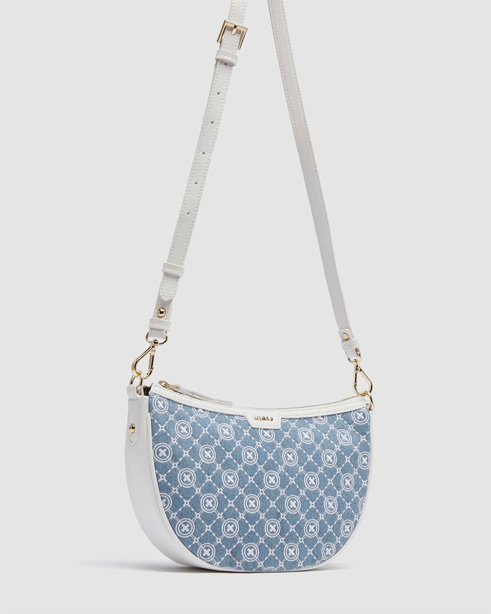 Washed Denim MimGram Crescent Crossbody Bag Crossbody Bags Mimco